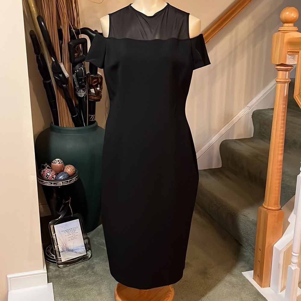 Lafayette 148 New York stretch-knit, cold shoulder dress with mesh yoke - Picture 3 of 9